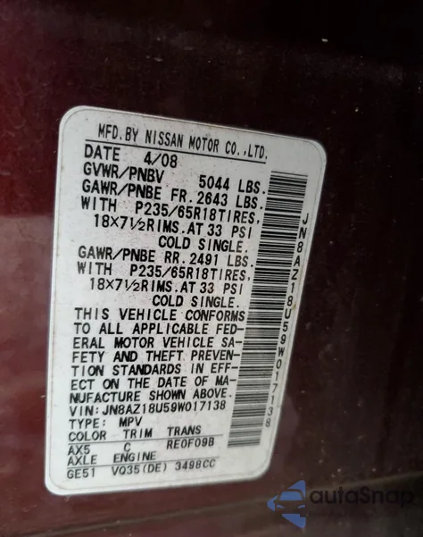 2009 Nissan Murano S z USA, uszkodzony, nr VIN JN8AZ18U59W017138